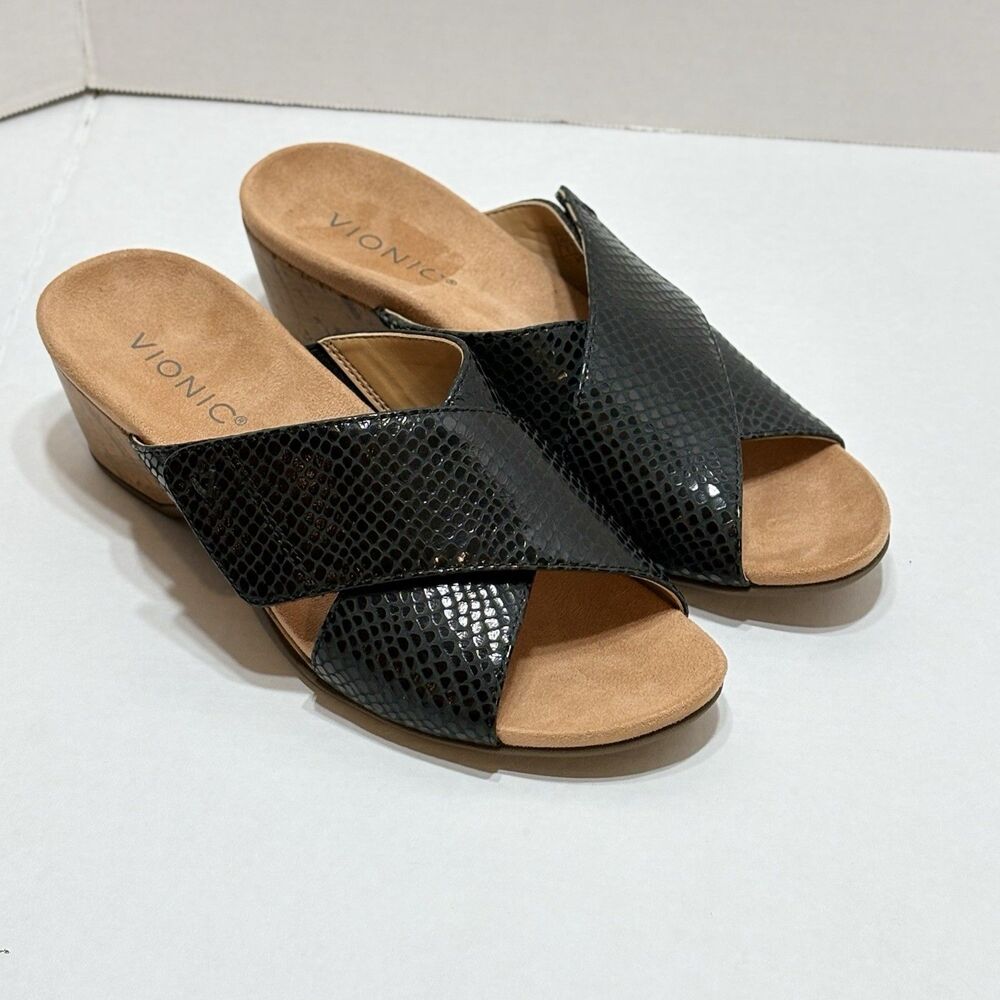 Vionic Women’s Leticia Black Leather Lizard Wedge Criss Cross Sandals Size 7